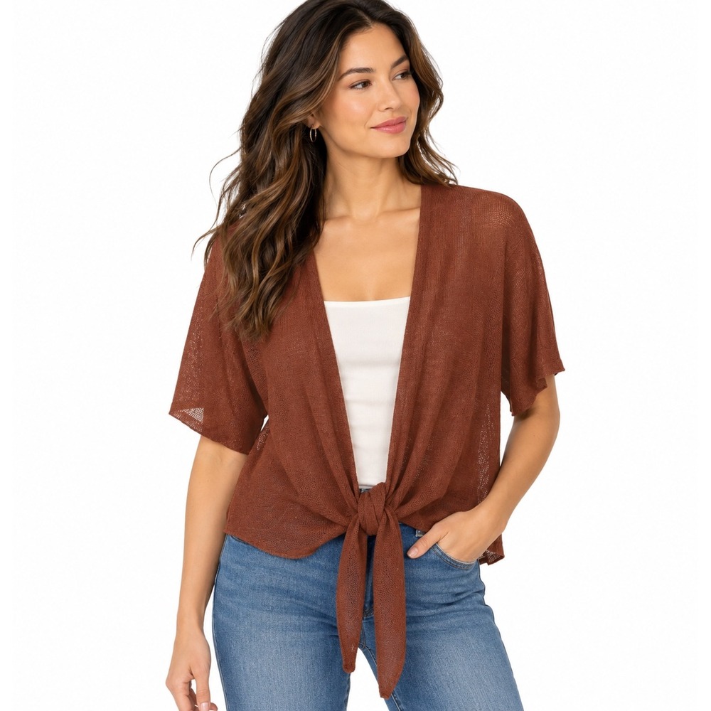 Eileen Fisher Organic Linen Blend Tie Front Cardigan XXS Terracotta Brown Short